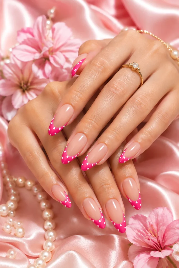 Pink Polka Dot French Tip Nail
