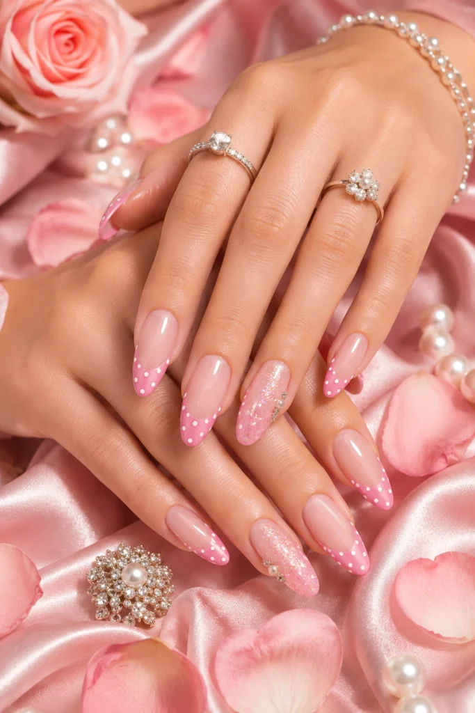 Pink Polka Dot French Tip Nail